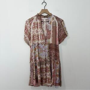 Karlie Boho Patchwork Mini Dress Pink Brown Floral Tiered Babydoll Size Small